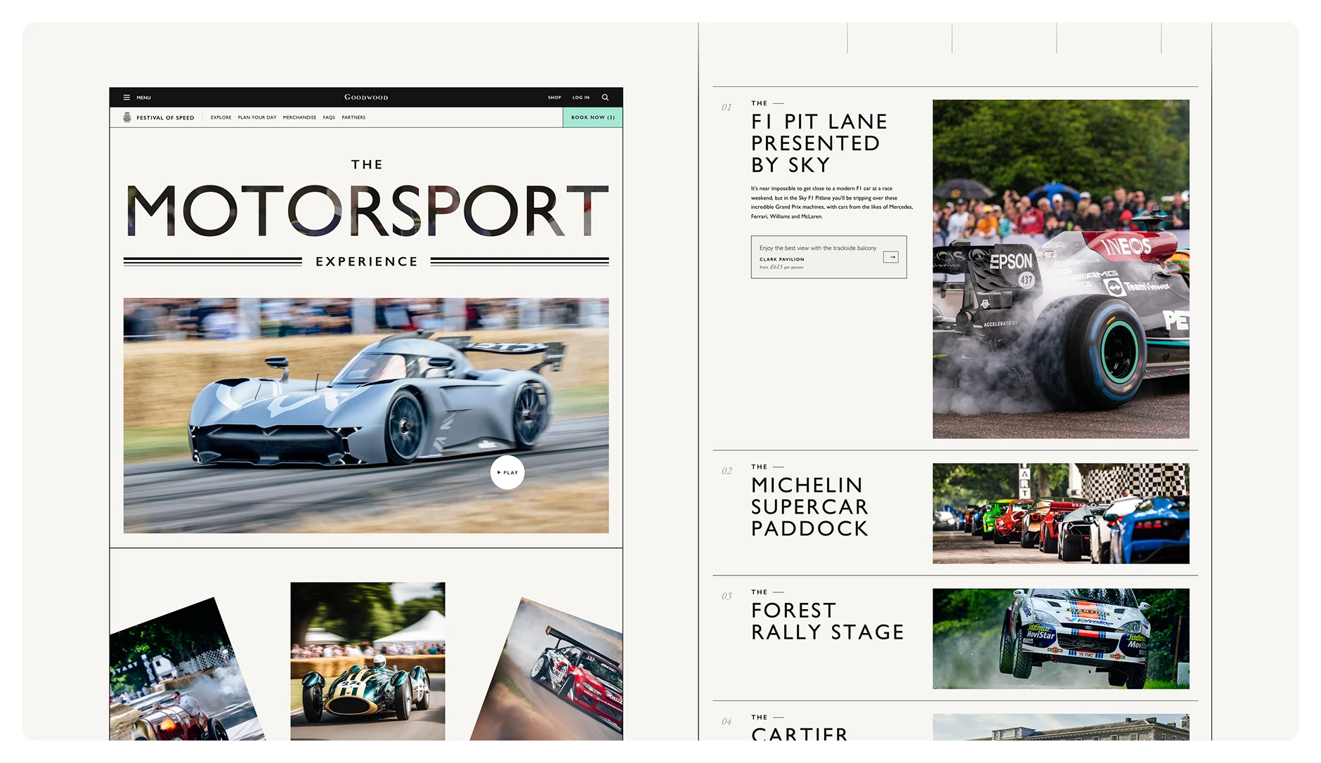 Motorsport experience and event content page concepts.