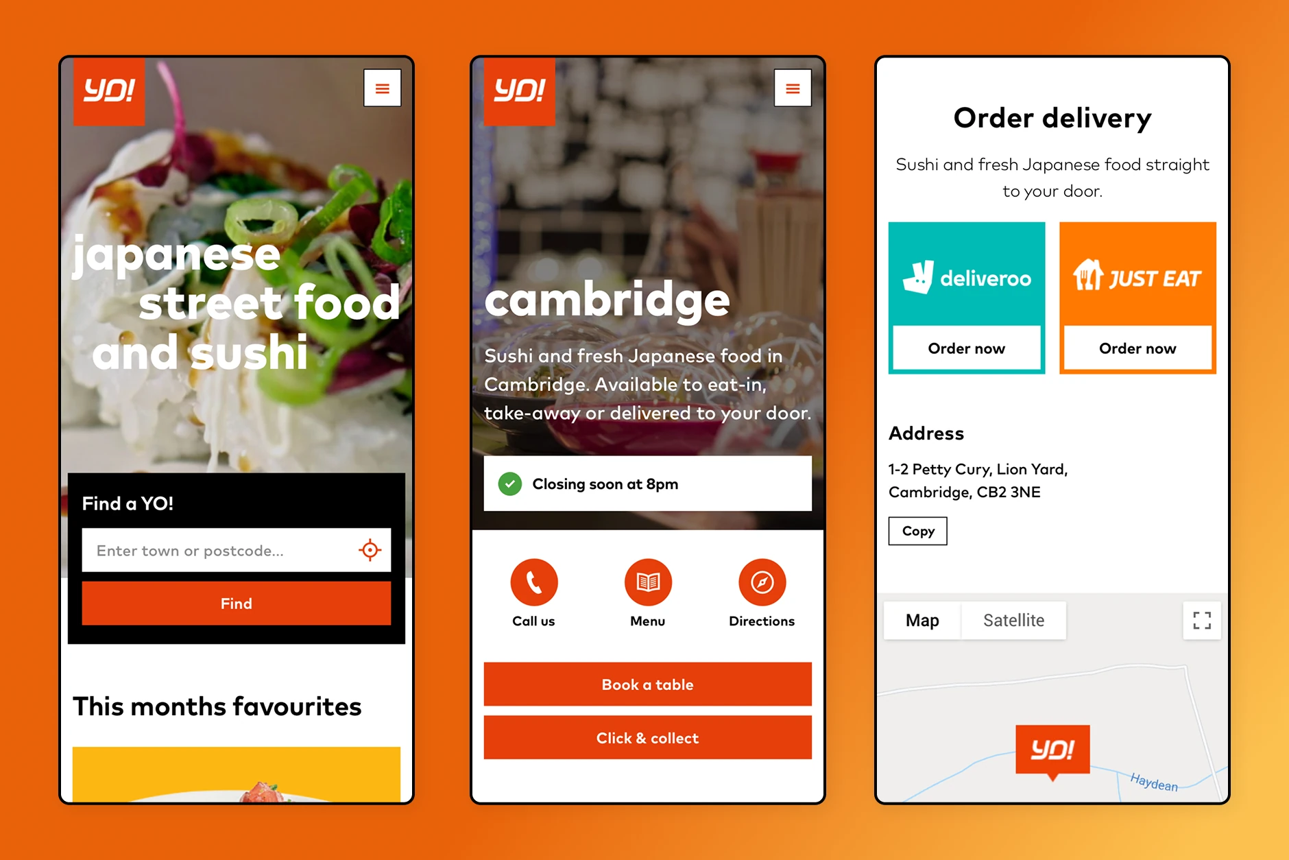 Mobile journeys for finding a YO!, checking location details and ordering
