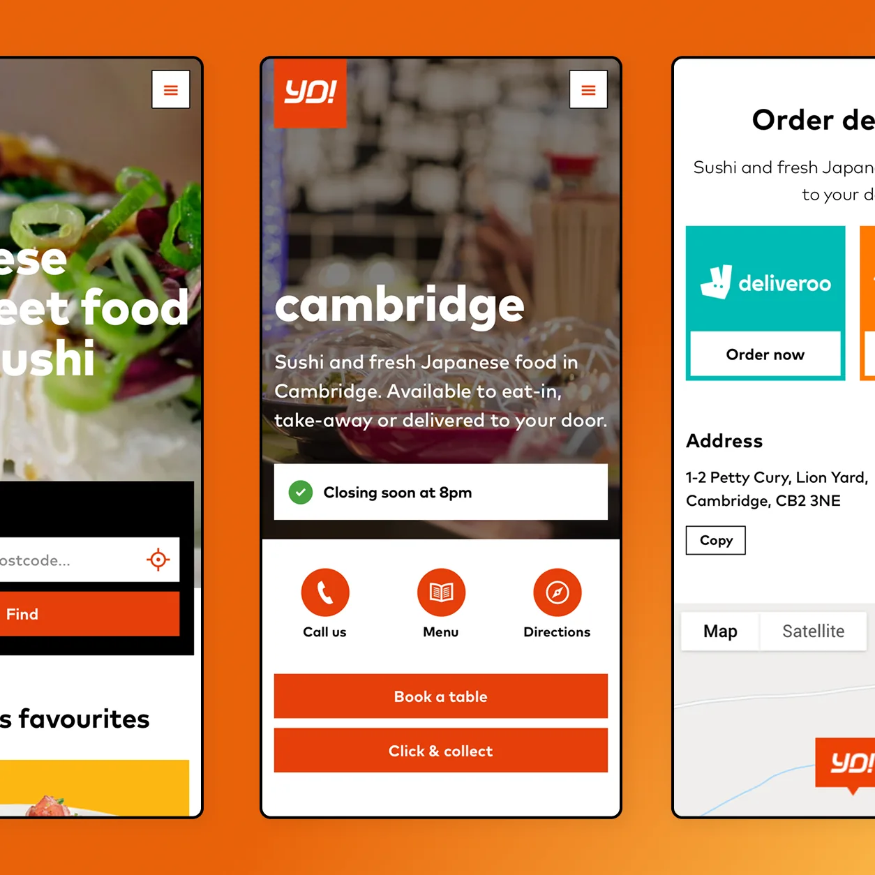 Mobile journeys for finding a YO!, checking location details and ordering